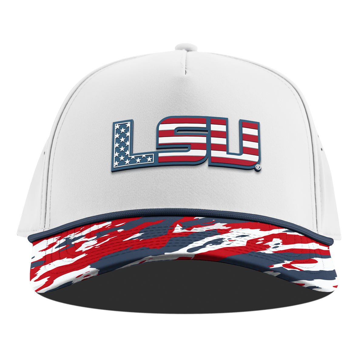 Louisiana State University "LSU Stars & Stripes" Curved 5 Panel Rope White/USA Camo + Orion Rope