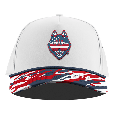 University of Connecticut "UConn Stars & Stripes" Curved 5 Panel Rope White/USA Camo + Orion Rope