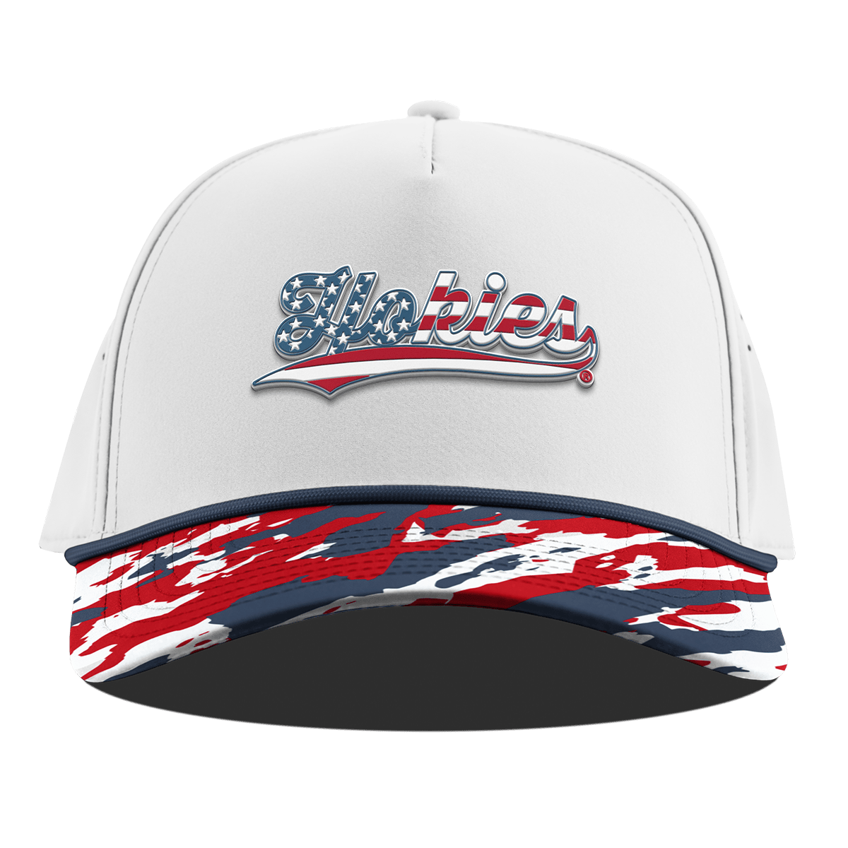 Virginia Tech University "Hokies Stars & Stripes" Curved 5 Panel Rope White/USA Camo + Orion Rope