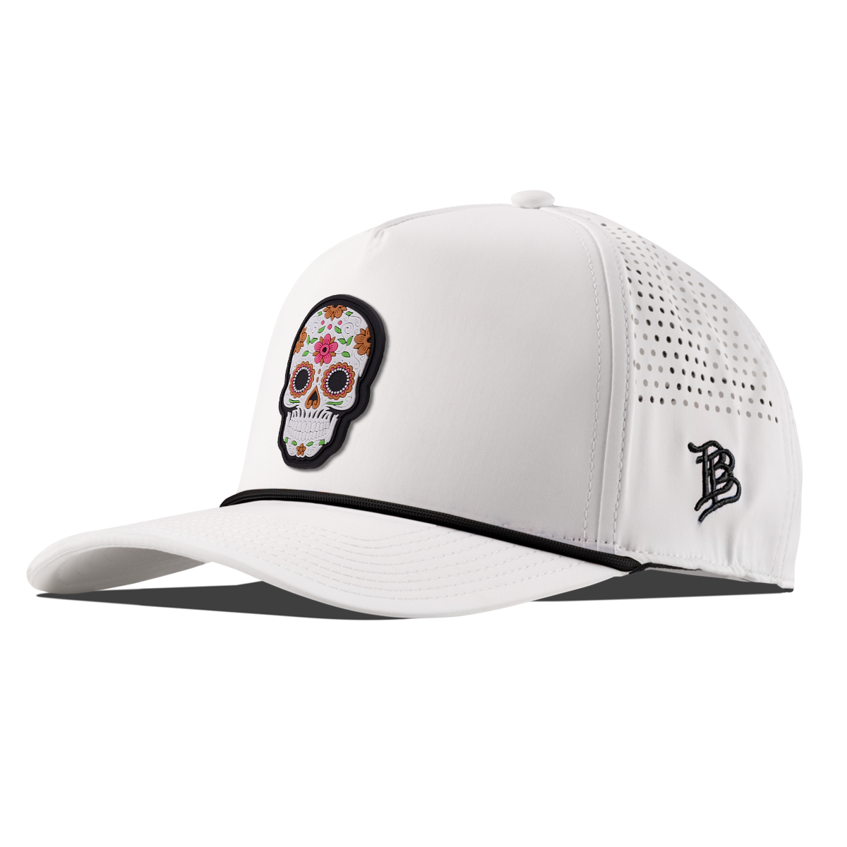 Flower Skull PVC Curved 5 Panel Rope White Black 