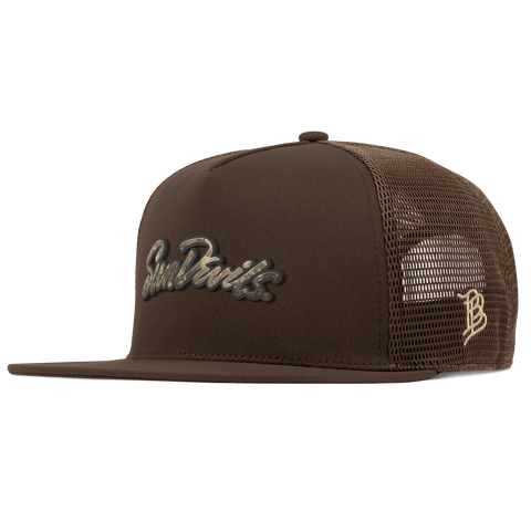 Arizona State University "ASU Sun Devils Timber Camo Script" Flat 5 Panel Trucker Brown