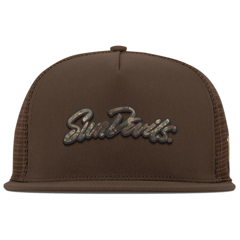 Arizona State University "ASU Sun Devils Timber Camo Script" Flat 5 Panel Trucker Brown