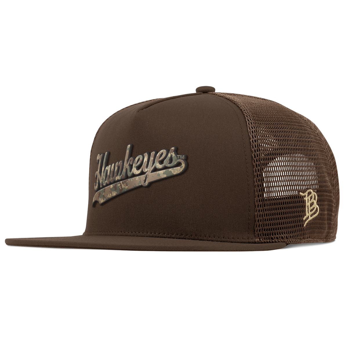 University of Iowa "Iowa Hawkeyes Timber Camo Script" Flat 5 Panel Trucker Brown