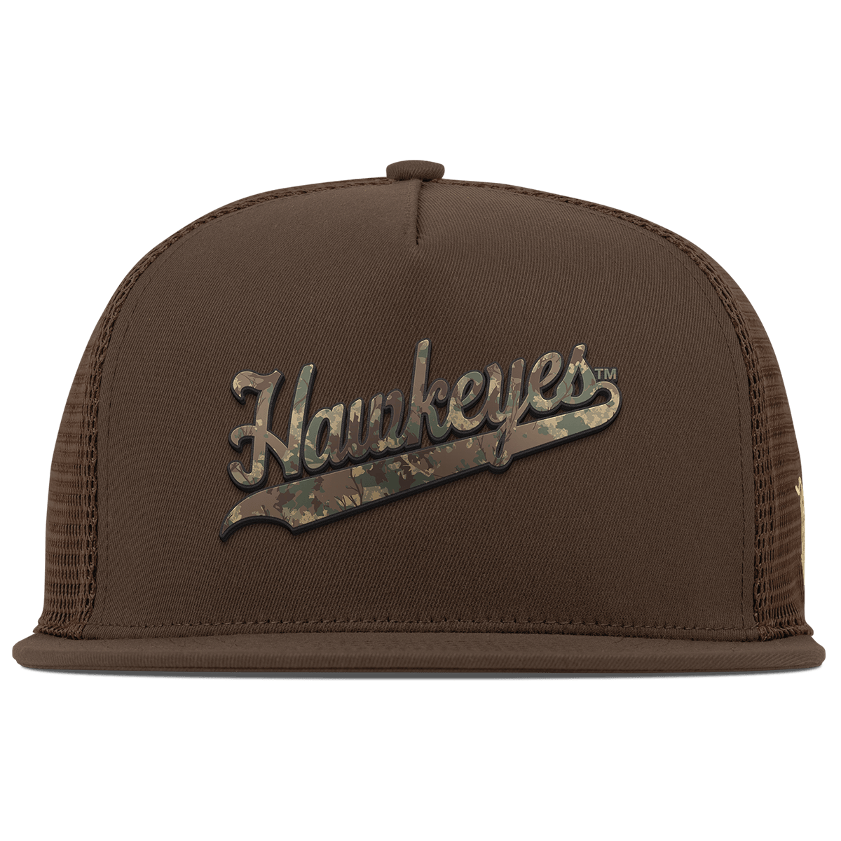 University of Iowa "Iowa Hawkeyes Timber Camo Script" Flat 5 Panel Trucker Brown