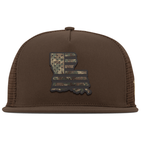 Louisiana Timber Camo Patriot Flat 5 Panel Trucker Brown