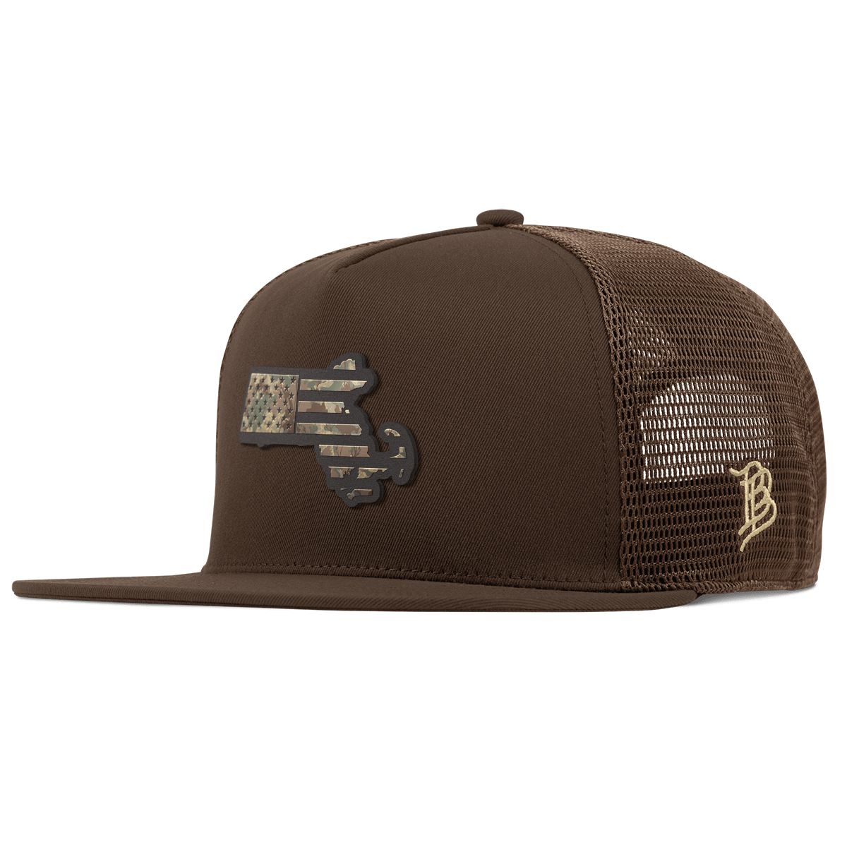 Massachusetts Timber Camo Patriot Flat 5 Panel Trucker Brown