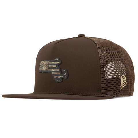 Massachusetts Timber Camo Patriot Flat 5 Panel Trucker Brown