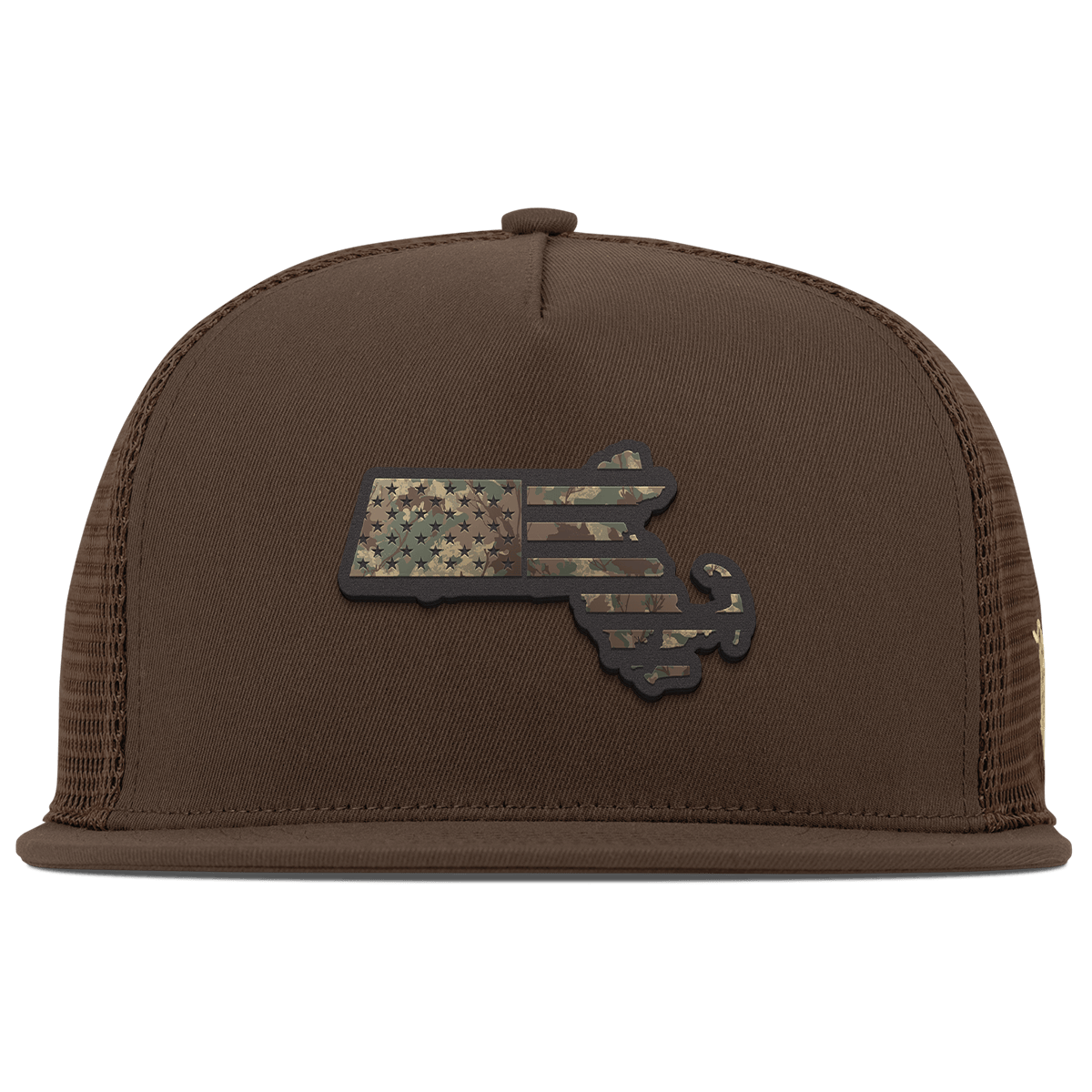 Massachusetts Timber Camo Patriot Flat 5 Panel Trucker Brown