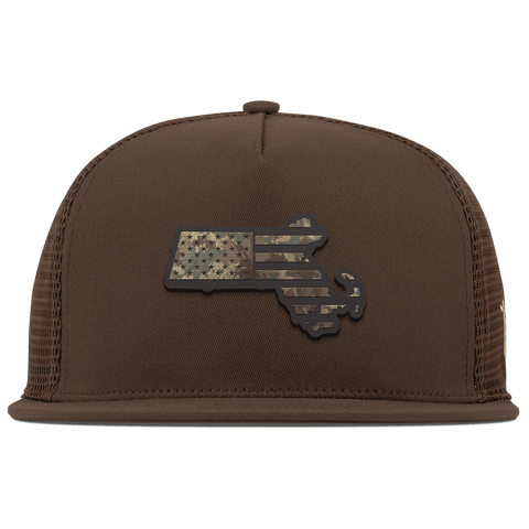 Massachusetts Timber Camo Patriot Flat 5 Panel Trucker Brown