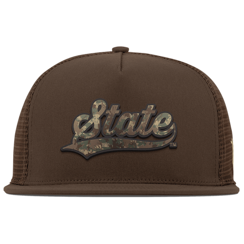 Michigan State University "Michigan State Timber Camo Series" Flat 5 Panel Trucker Brown