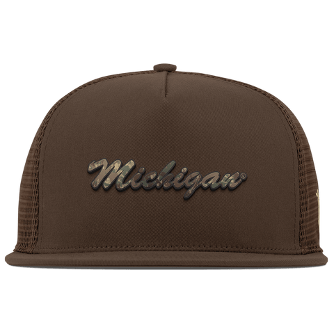 University of Michigan "Michigan Timber Camo Series" Flat 5 Panel Trucker Brown