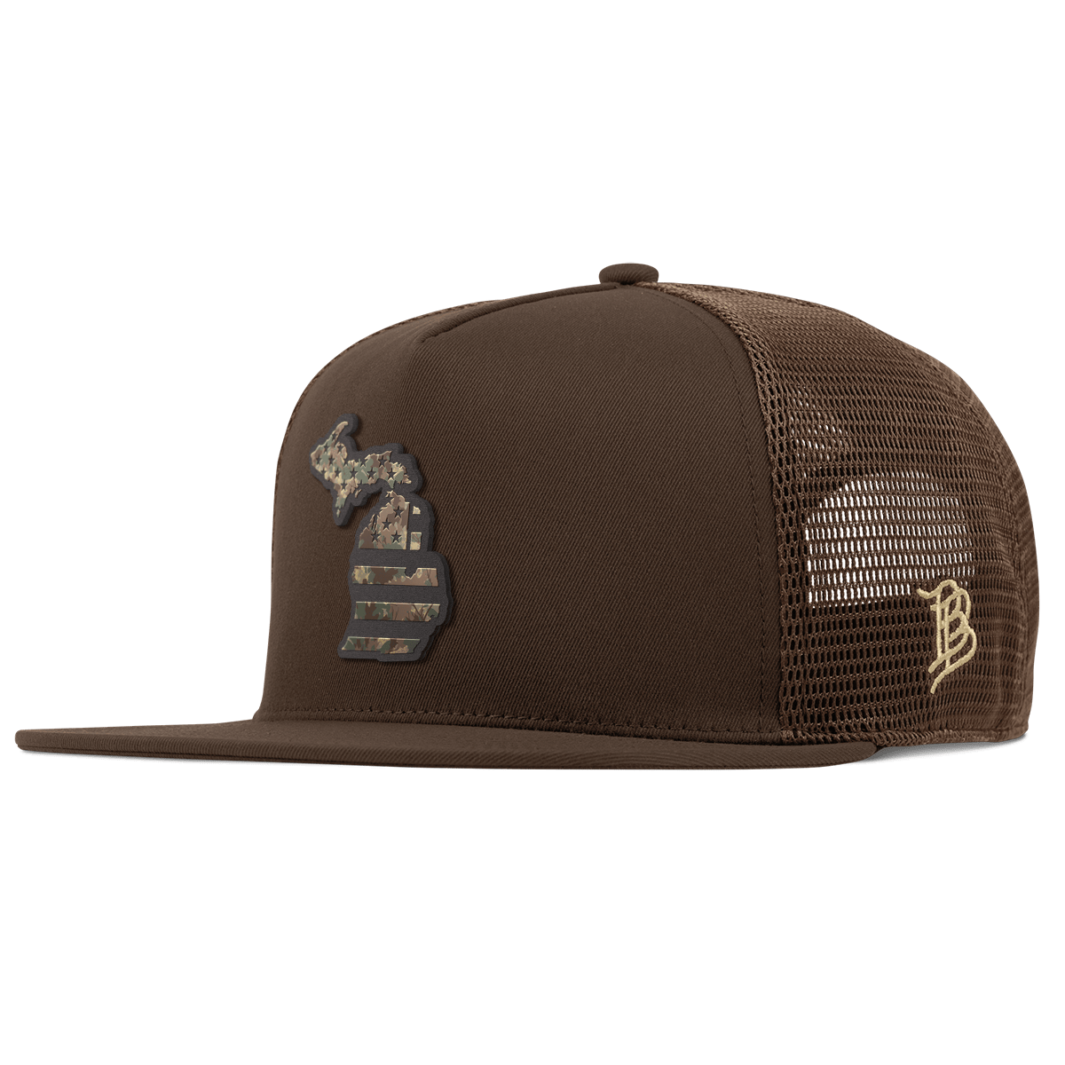 Michigan Timber Camo Patriot Flat 5 Panel Trucker Brown