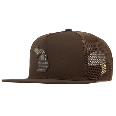 Michigan Timber Camo Patriot Flat 5 Panel Trucker Brown