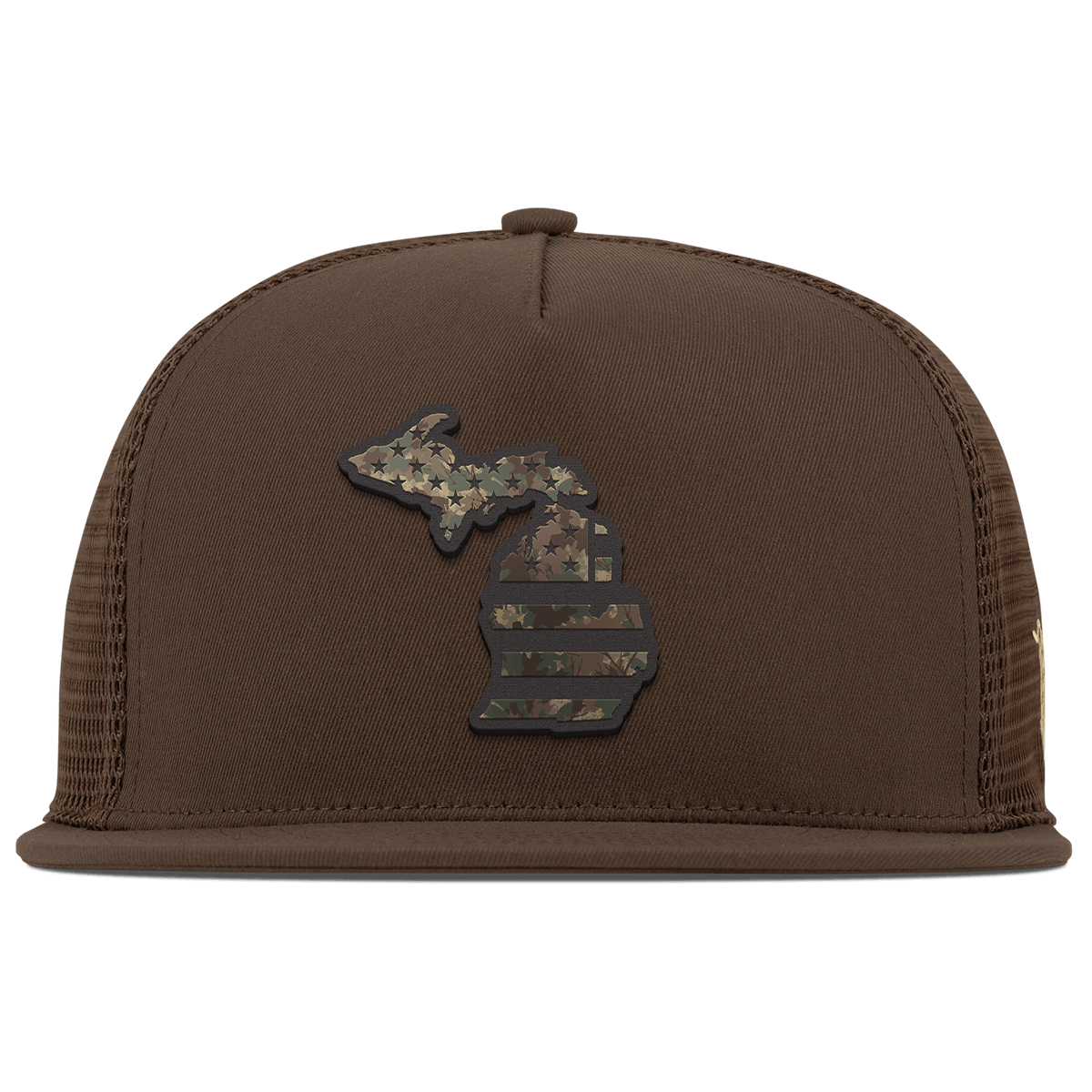 Michigan Timber Camo Patriot Flat 5 Panel Trucker Brown