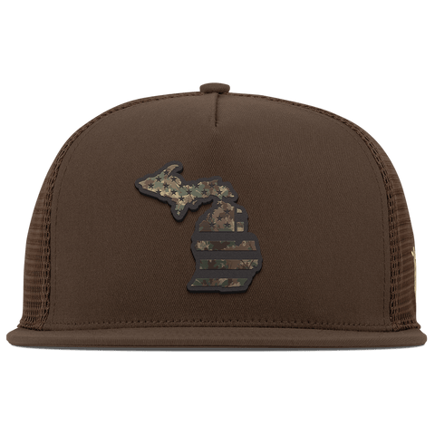 Michigan Timber Camo Patriot Flat 5 Panel Trucker Brown