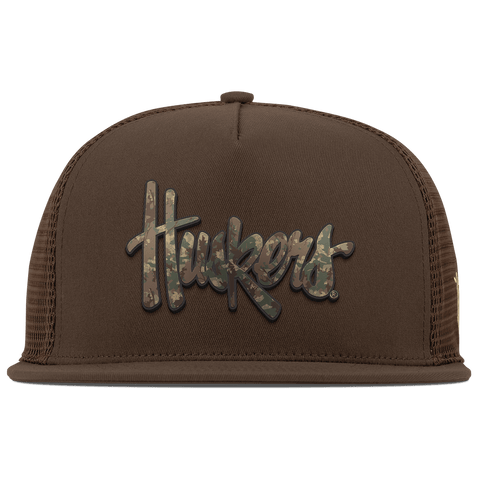 University of Nebraska "Nebraska Timber Camo Series" Flat 5 Panel Trucker Brown
