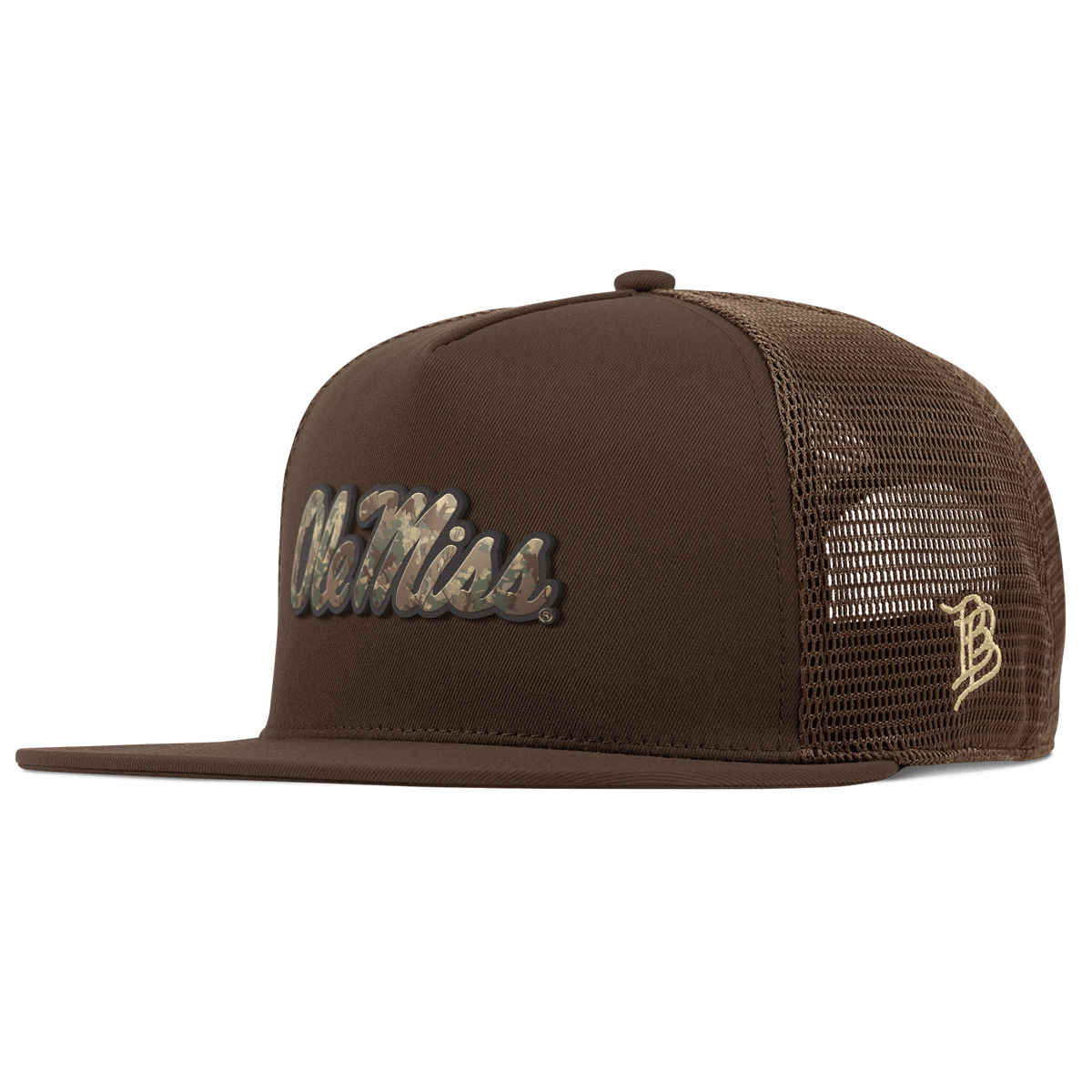 University of Mississippi "Ole Miss Timber Camo Script" Flat 5 Panel Trucker Brown