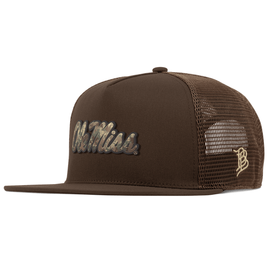 University of Mississippi "Ole Miss Timber Camo Script" Flat 5 Panel Trucker Brown