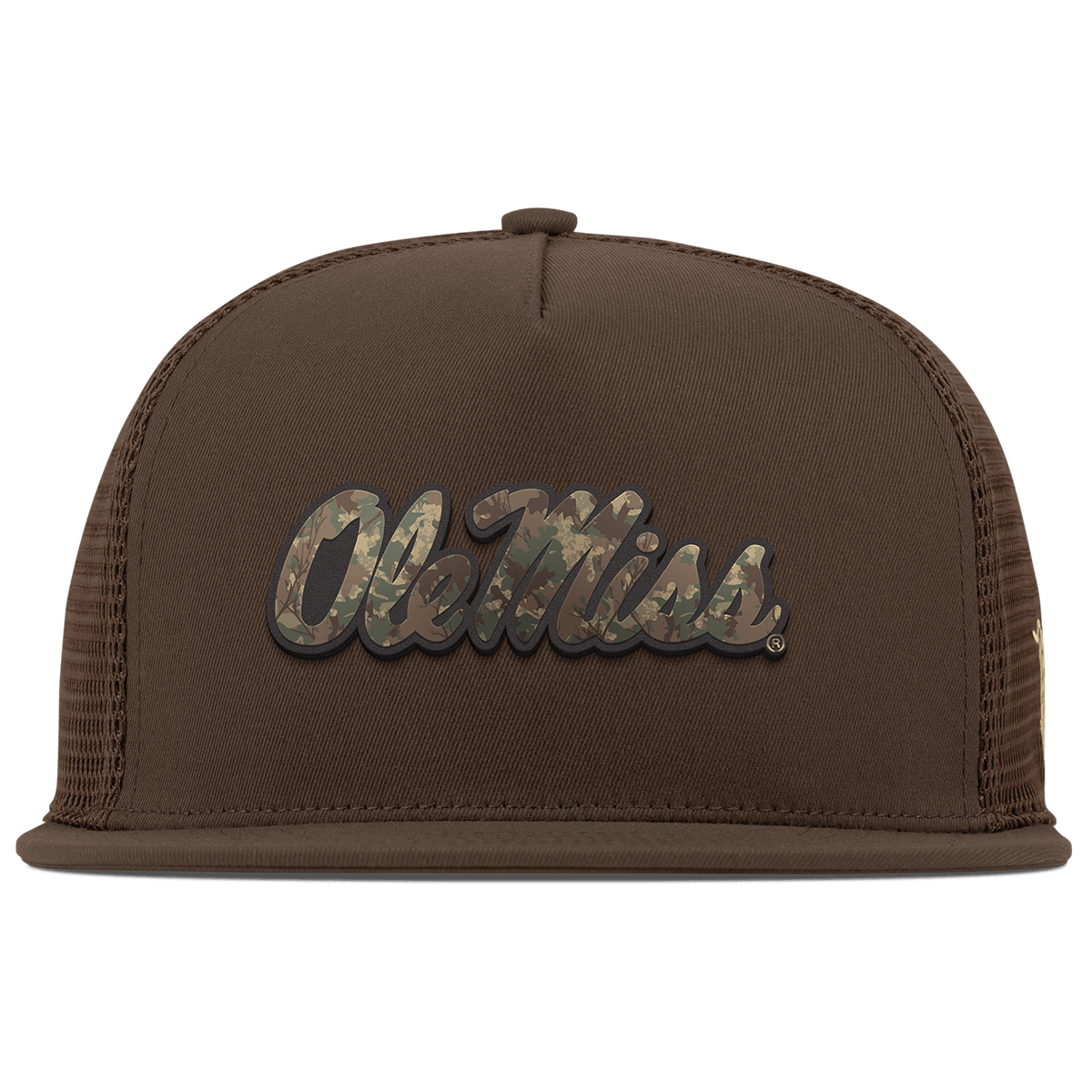 University of Mississippi "Ole Miss Timber Camo Script" Flat 5 Panel Trucker Brown