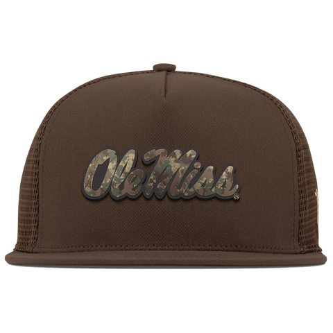 University of Mississippi "Ole Miss Timber Camo Script" Flat 5 Panel Trucker Brown