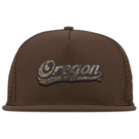 University of Oregon "Oregon Timber Camo Script" Flat 5 Panel Trucker Brown