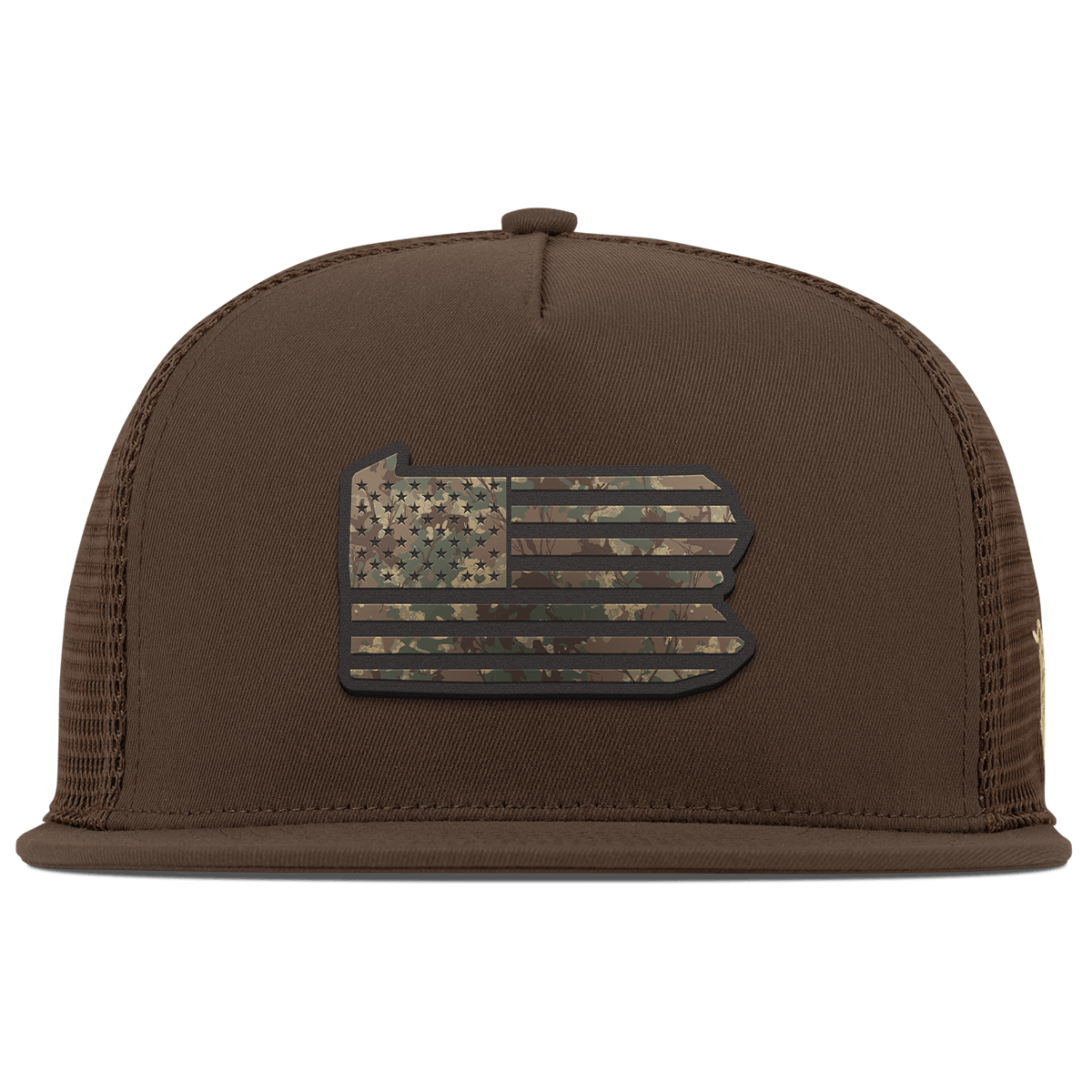 Pennsylvania Timber Camo Patriot Flat 5 Panel Trucker Brown
