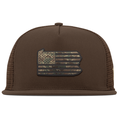 Pennsylvania Timber Camo Patriot Flat 5 Panel Trucker Brown