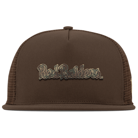 Texas Tech University "Red Raiders Timber Camo Script" Flat 5 Panel Trucker Brown