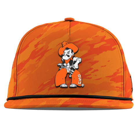 Oklahoma State University "Pistol Pete Quickdraw" Flat 5 Panel Rope Blaze Orange Camo