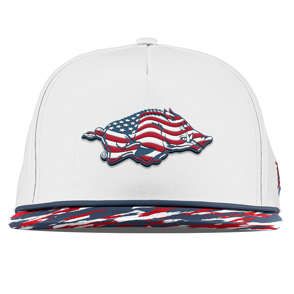 University of Arkansas "Arkansas Stars & Stripes" Flat 5 Panel Rope White/USA Camo + Orion Rope
