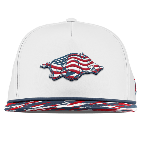 University of Arkansas "Arkansas Stars & Stripes" Flat 5 Panel Rope White/USA Camo + Orion Rope