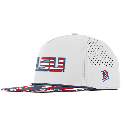 Louisiana State University "LSU Stars & Stripes" Flat 5 Panel Rope White/USA Camo + Orion Rope