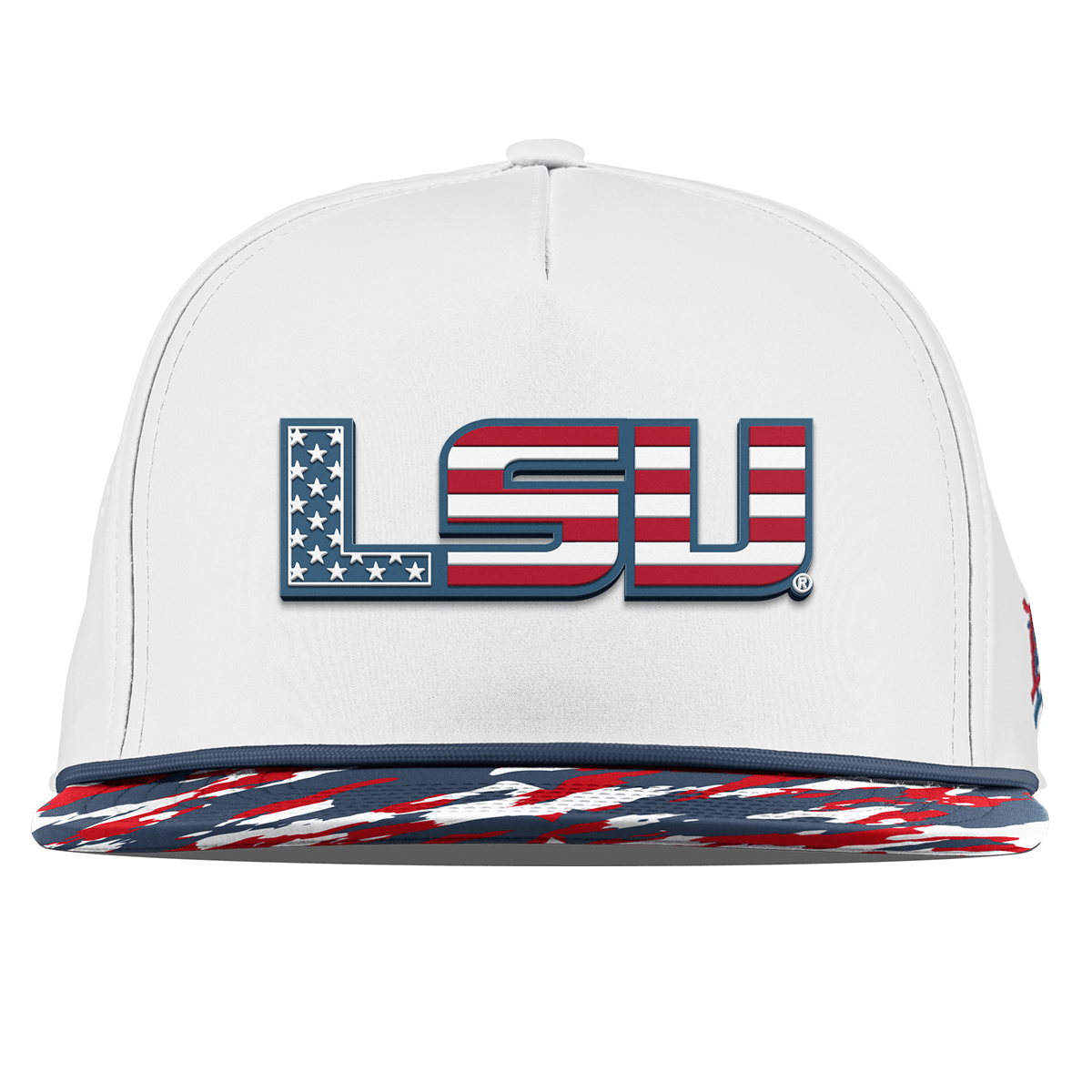 Louisiana State University "LSU Stars & Stripes" Flat 5 Panel Rope White/USA Camo + Orion Rope