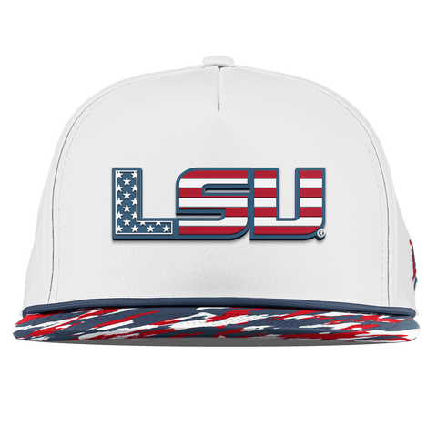 Louisiana State University "LSU Stars & Stripes" Flat 5 Panel Rope White/USA Camo + Orion Rope