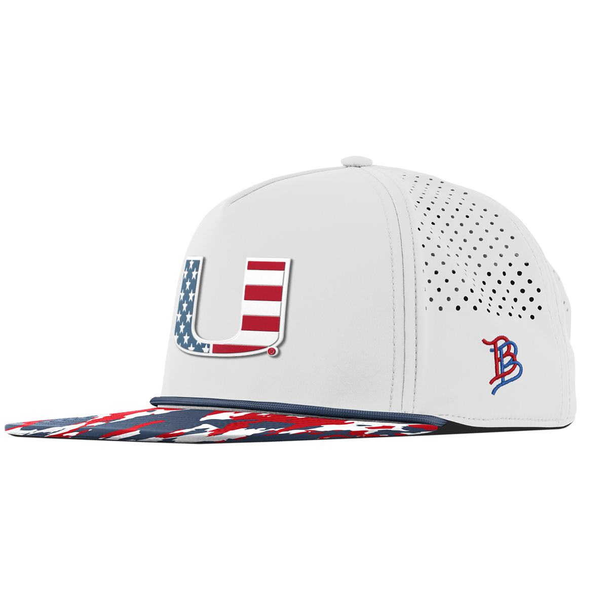 University of Miami "Miami Stars & Stripes" Flat 5 Panel Rope White/USA Camo + Orion Rope