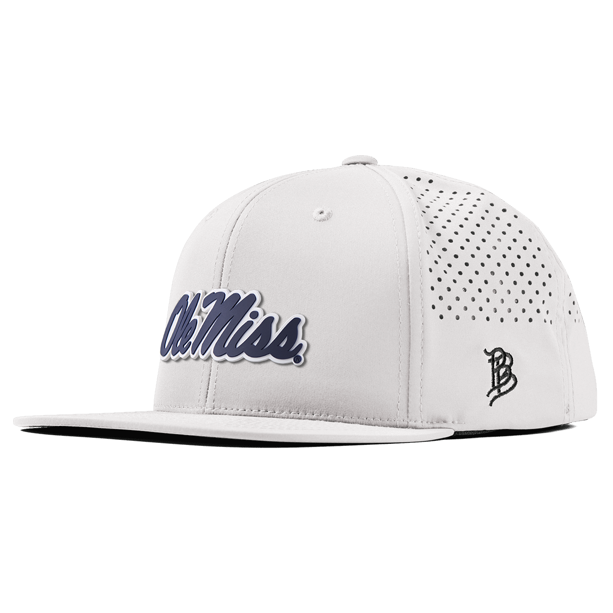 University of Mississippi "Ole Miss Navy Script" Flat Performance White