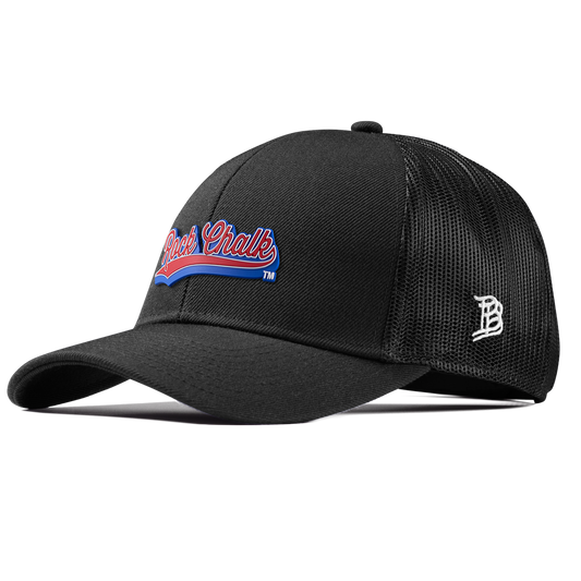 University of Kansas KU "Rock Chalk Red and Blue Script" Curved Stretch Trucker Black