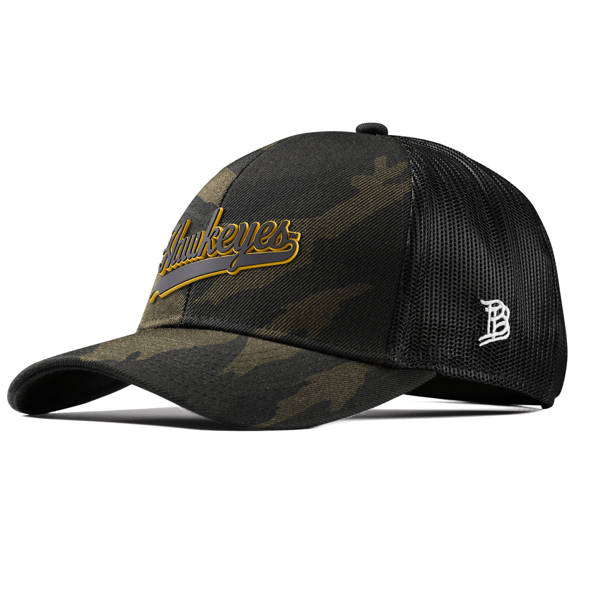 University of Iowa "Iowa Hawkeyes Script" Curved Stretch Trucker Midnight Camo