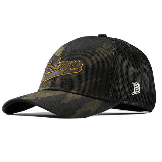 University of Iowa "Iowa Hawkeyes Script" Curved Stretch Trucker Midnight Camo
