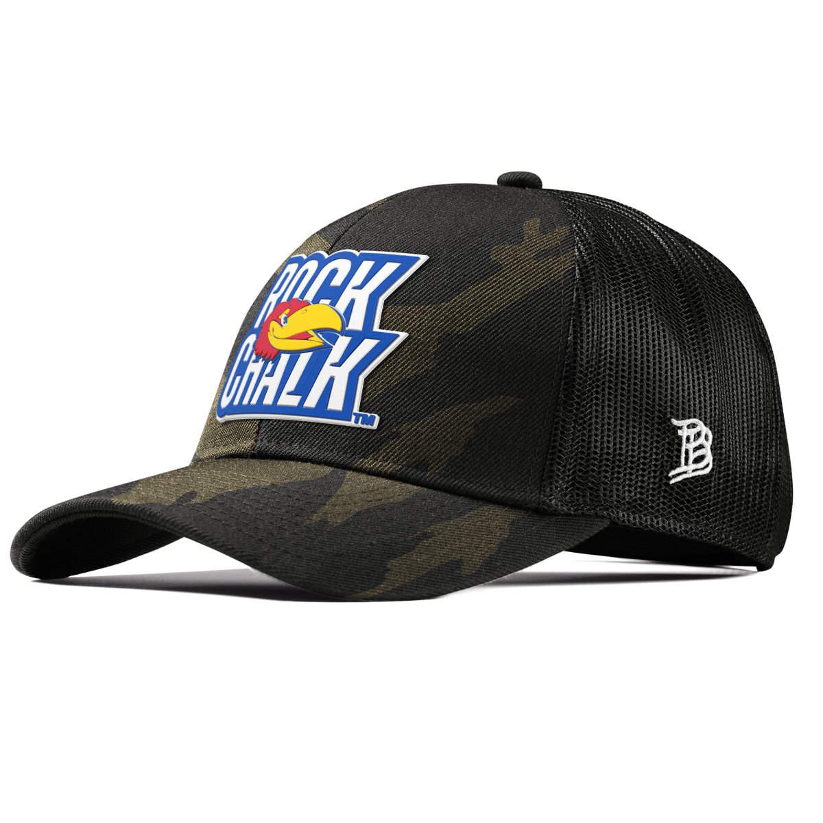 University of Kansas "Kansas Rock Chalk Block" Curved Stretch Trucker Midnight Camo