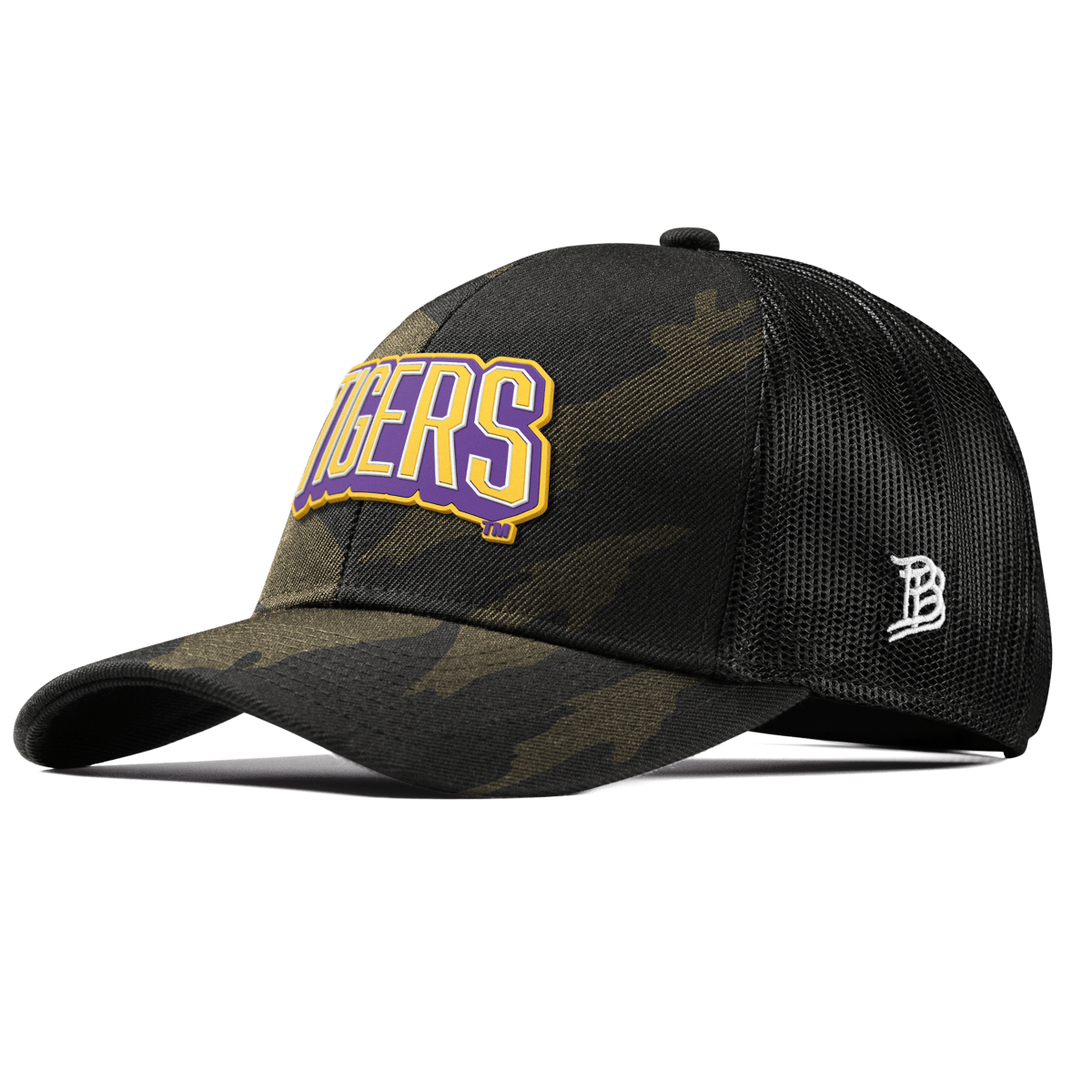 Louisiana State University "LSU Tigers Block" Curved Stretch Trucker Midnight Camo