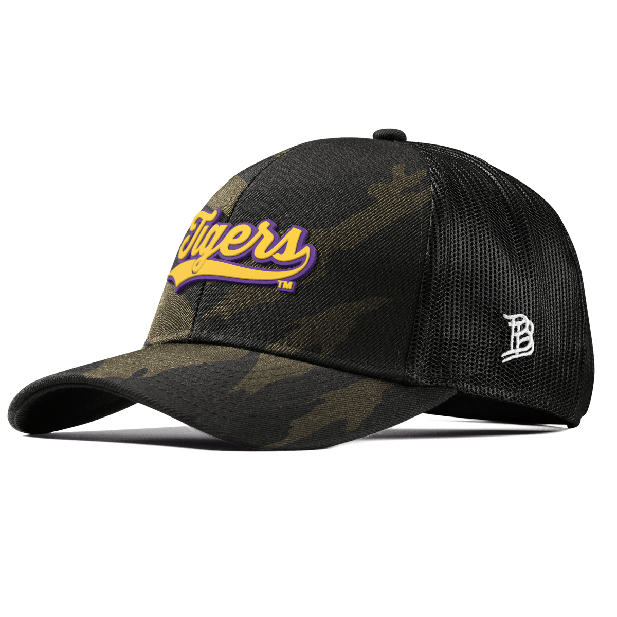 Louisiana State University "LSU Tigers Script" Curved Stretch Trucker Midnight Camo