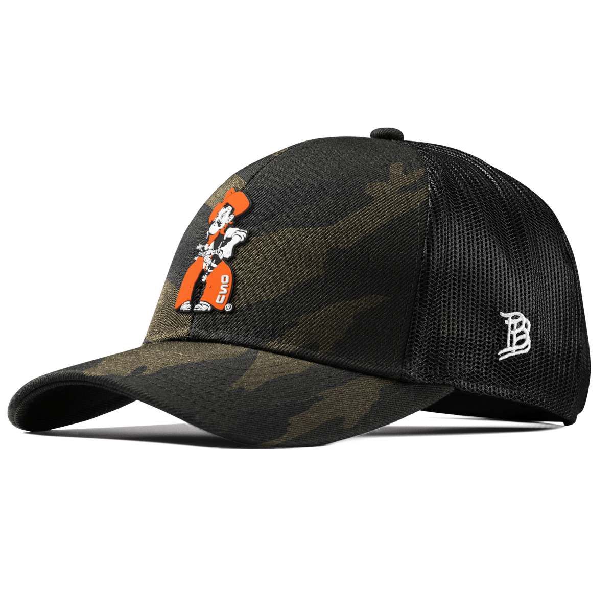 Oklahoma State University "Pistol Pete Quickdraw" Curved Stretch Trucker Midnight Camo