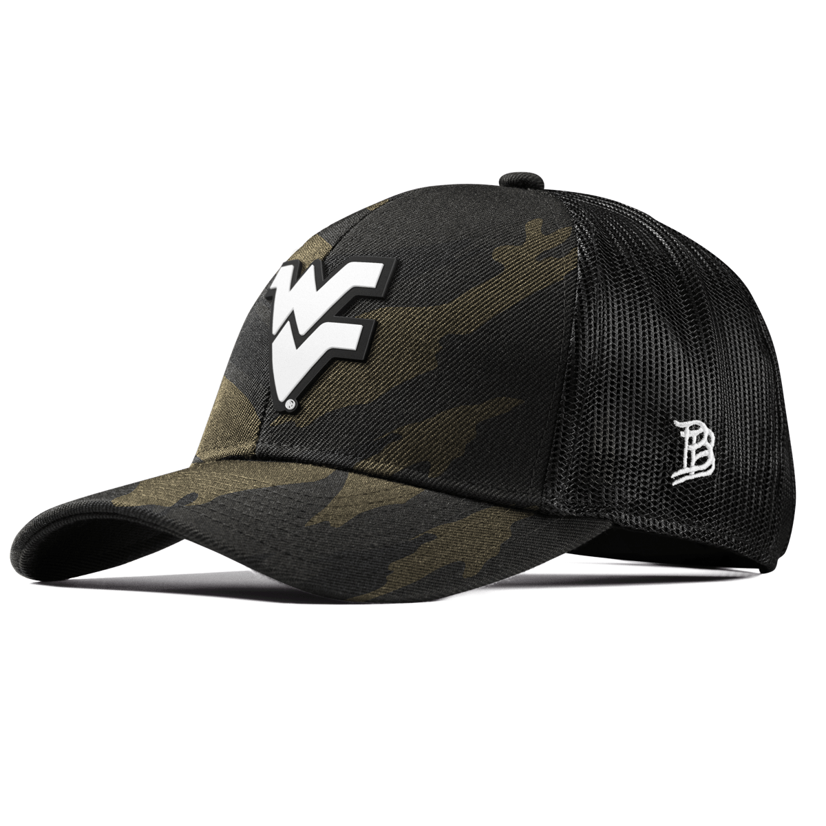 West Virginia University "Vintage West Virginia Team Logo" Curved Stretch Trucker Midnight Camo