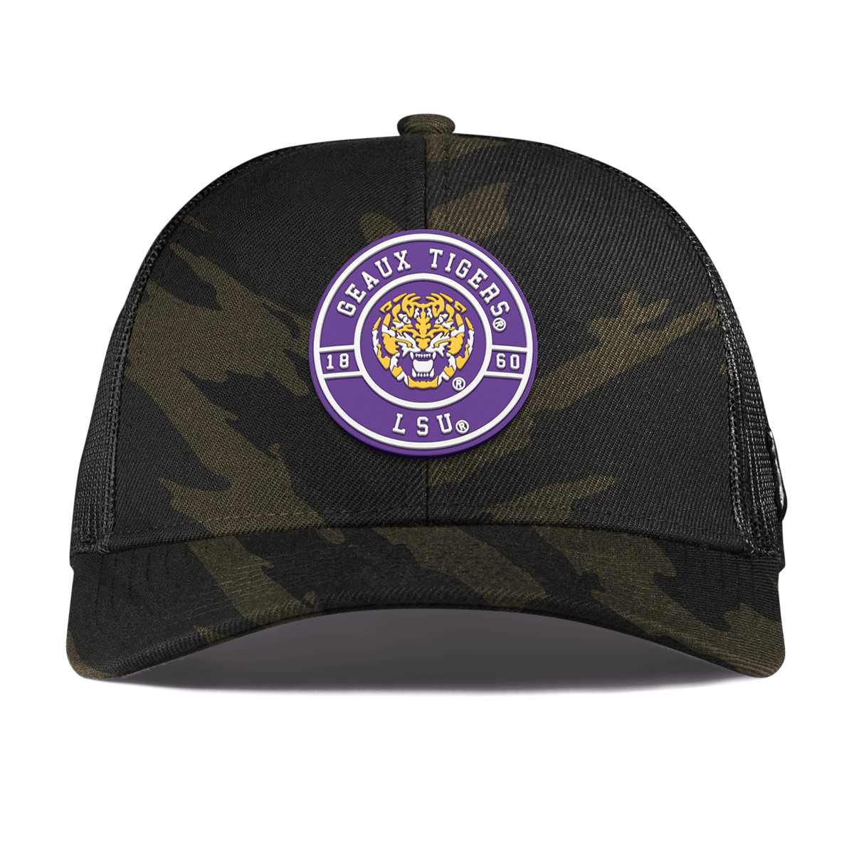 Louisiana State University "Geaux LSU Tigers" Curved Stretch Trucker Midnight Camo