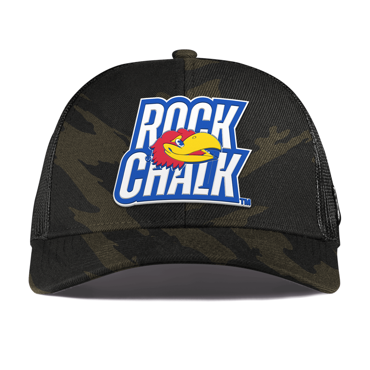 University of Kansas "Kansas Rock Chalk Block" Curved Stretch Trucker Midnight Camo