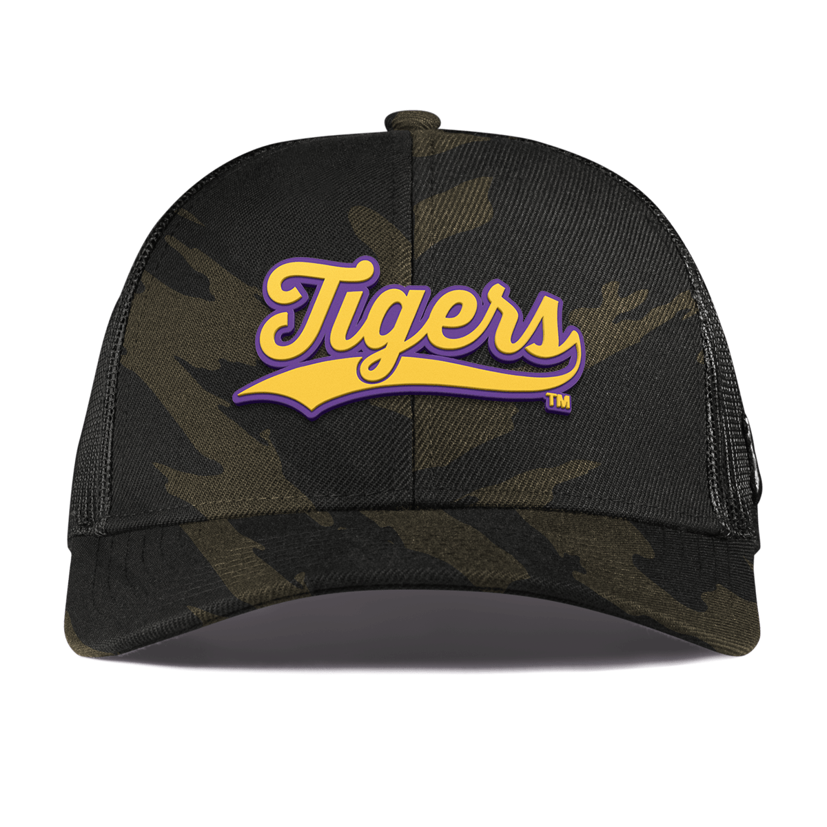 Louisiana State University "LSU Tigers Script" Curved Stretch Trucker Midnight Camo