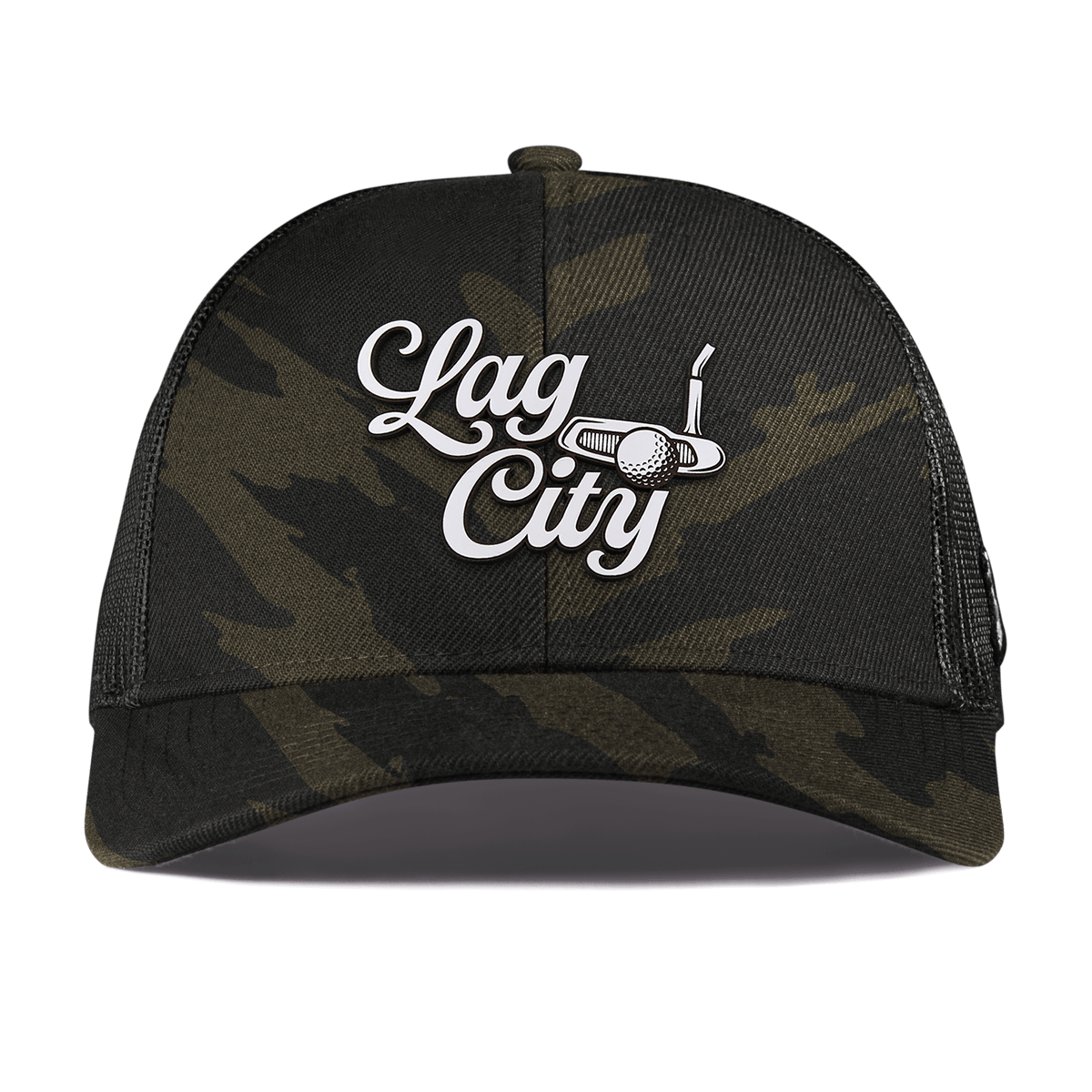 Lag City Script Curved Stretch Trucker Midnight Camo