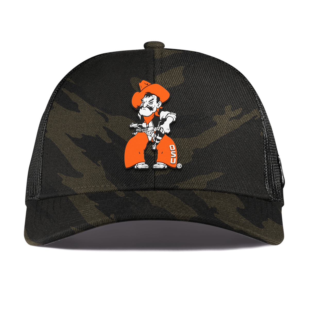 Oklahoma State University "Pistol Pete Quickdraw" Curved Stretch Trucker Midnight Camo