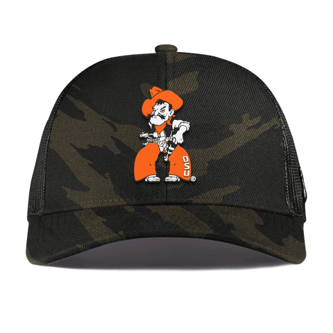 Oklahoma State University "Pistol Pete Quickdraw" Curved Stretch Trucker Midnight Camo